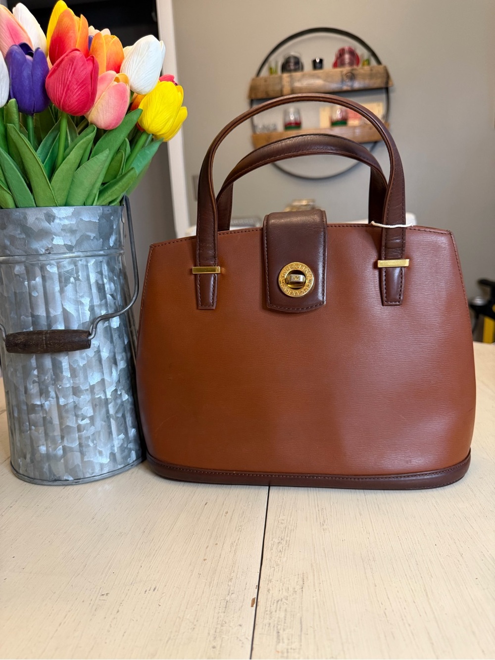 *COA* Valentino Garavani Two-tone Brown Leather Top-Handle Satchel